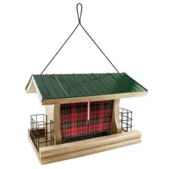 Audubon Lake & Cabin Buffalo Plaid Tall Wooden Hopper Wild Bird Feeder - Red and Green - 5 Lbs