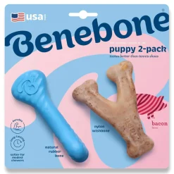 Benebone Made in USA Real Bacon Flavored Wishbone and Rubber Bone Puppy Dog Chew Toy - Tiny - 2 Pack