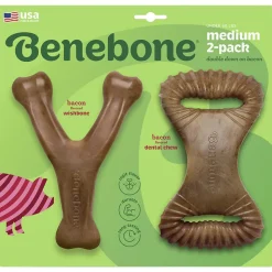 Benebone Made in USA Real Bacon Flavored Wishbone and Dental Chew Dog Toy - Medium - 2 Pack