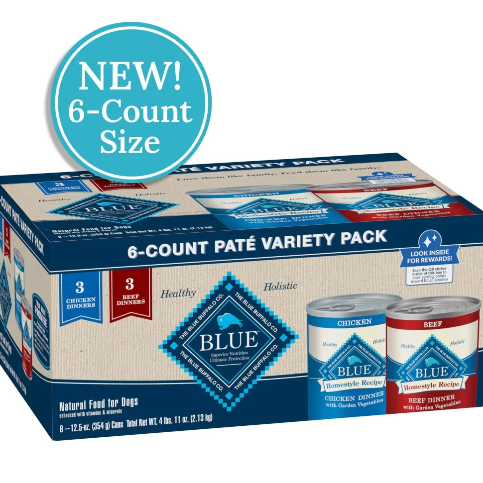 Blue Buffalo Homestyle Recipe Adult Chicken and Beef Pate with Whole Grains Variety Pack Canned Dog Food -12.5 Oz - 6 Count