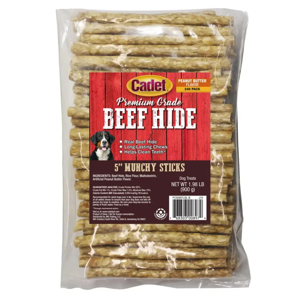 Cadet Gourmet Munchy Rawhide Sticks Natural Dog Chews - Peanut Butter - 5 In - 100 Pack