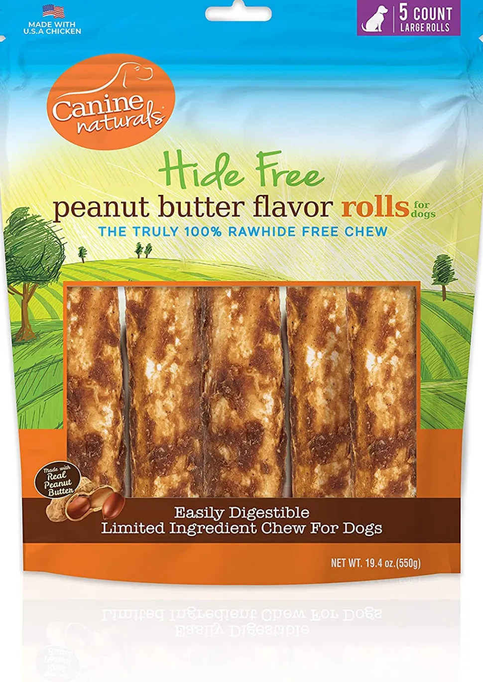 Canine Naturals Hide-Free Peanut Butter Rolls Chewy Dog Treats - 7 Inch - 19.4 oz - 5 Count