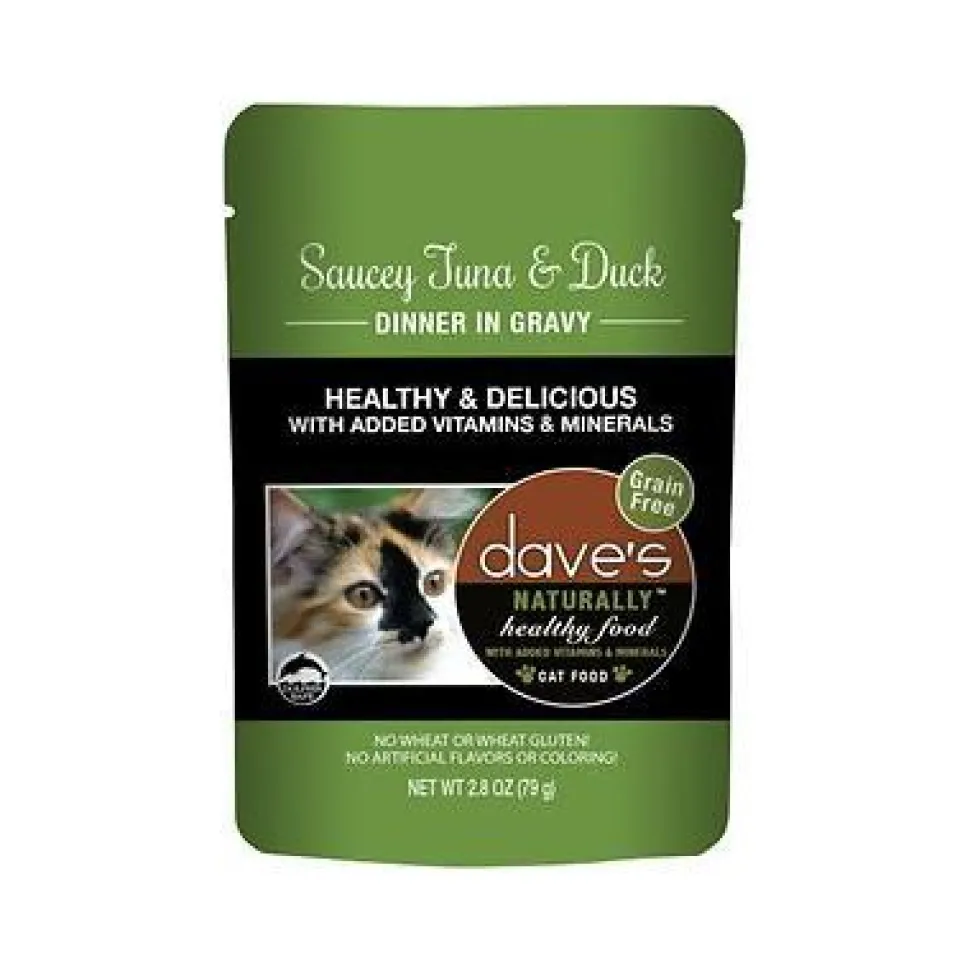 Dave's Pet Food Healthy Cat Food Pouch Saucey Tuna & Duck Dinner in Gravy - 2.8 oz Cans - Case of 24