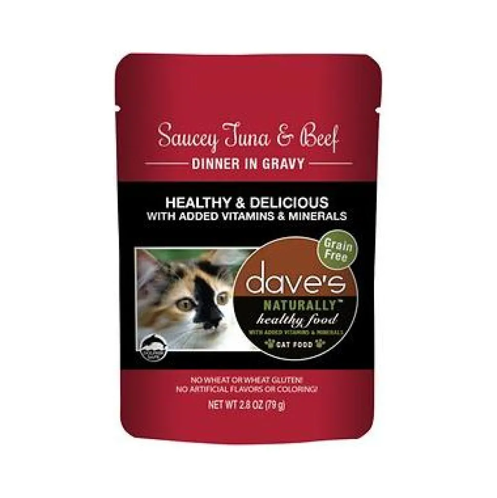 Dave's Pet Food Healthy Cat Food Pouch Saucey Tuna & Beef Dinner in Gravy - 2.8 oz Cans - Case of 24