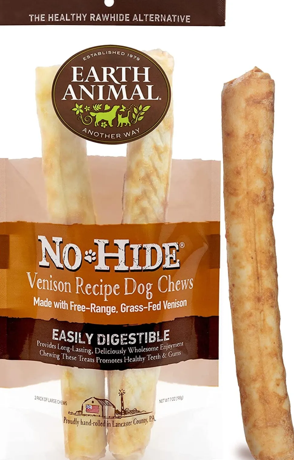 Earth Animal NO HIDE Venison Dog Chews - 11 Inches - 2 Pack