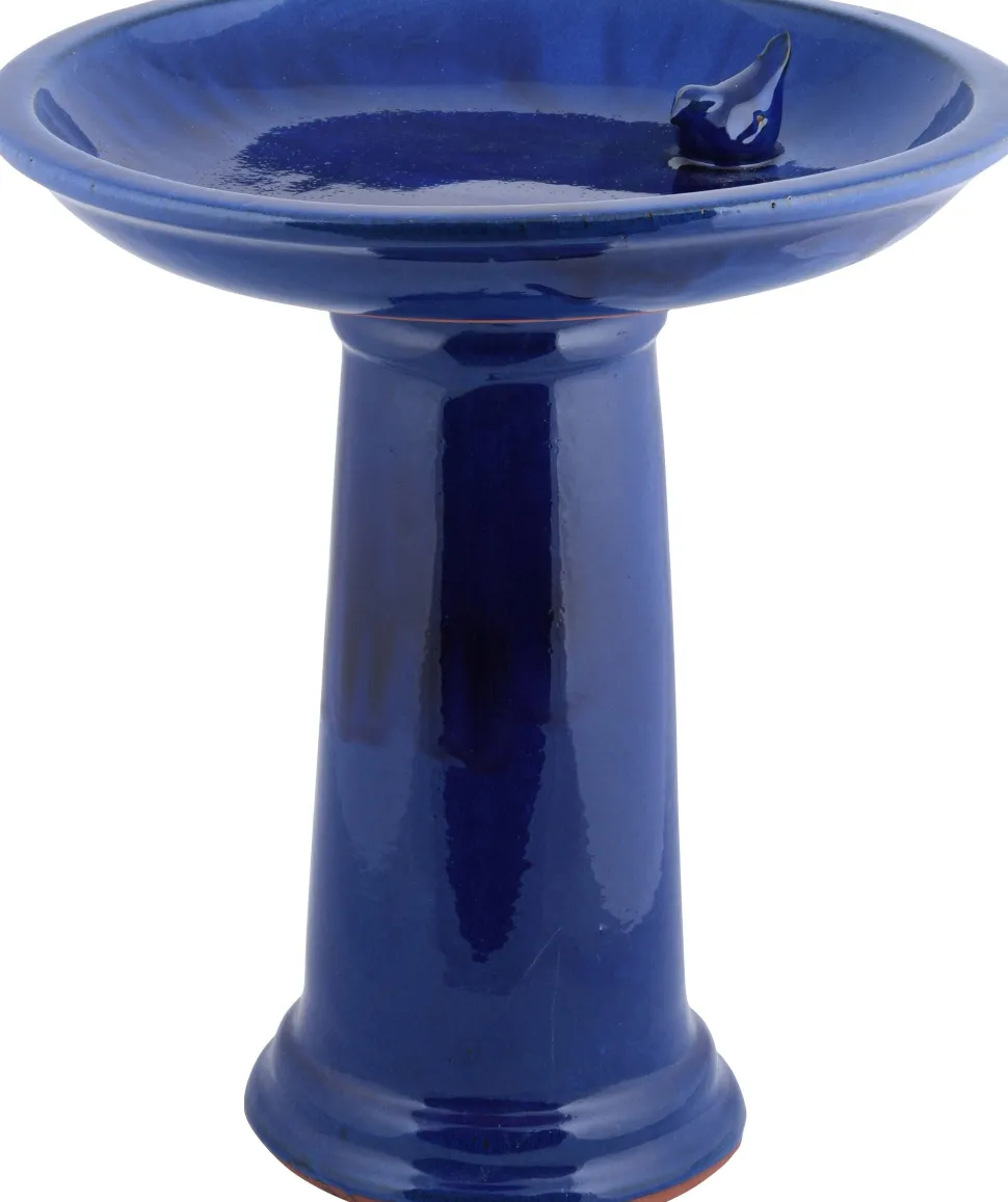 Esschert Design Ceramic Bird Bath On Pedestal with Bird - Blue - 2 Pack
