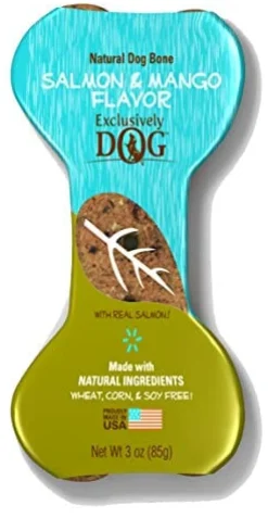 Exclusively Dog Jumbo Crunchy Bones Dog Biscuits Treats - Salmon and Mango - 3 Oz - 12 Pack