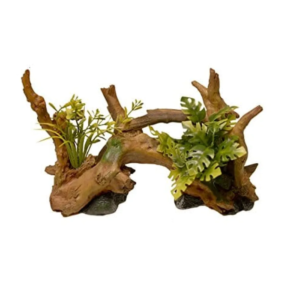 Exotic Environments Driftwood Centerpiece & Plants Resin Aquatics Decoration - Green/Brown - Medium