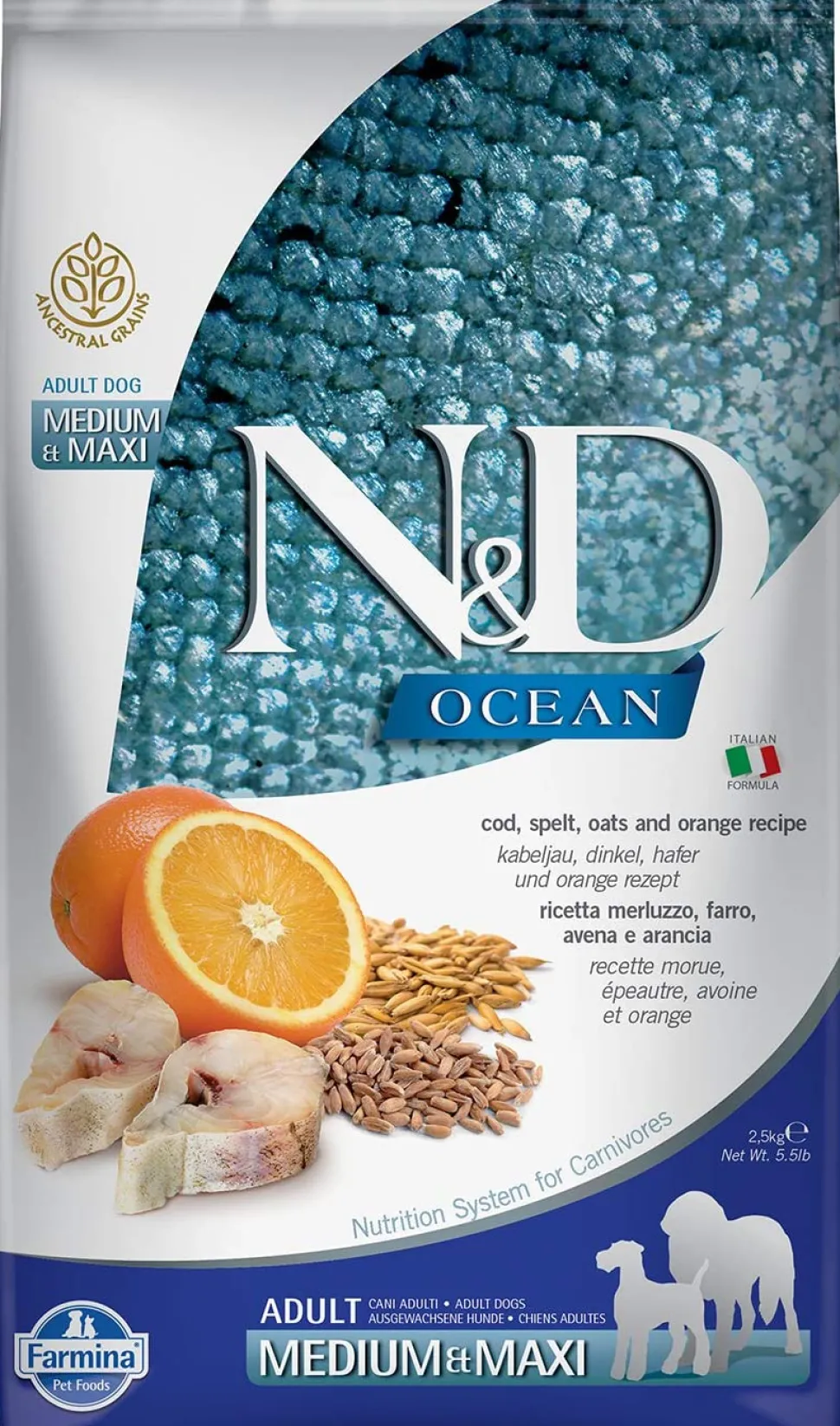 Farmina Ancestral Grain Ocean CodFish & Orange Adult Medium and Maxi Dry Dog Food - 5.5 lb Bag