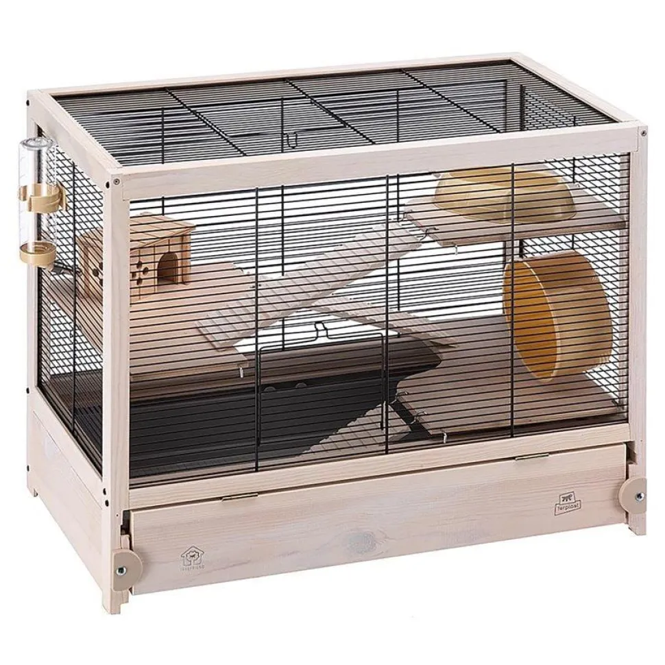 Ferplast Hampsterville Hampster Cage with Wooden Base and Accessories - Tan - 22.7" X 12.2" X 2.6" Inches