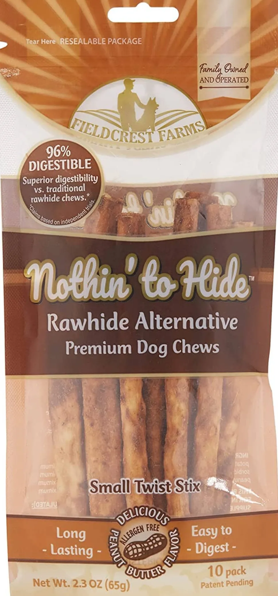 Fieldcrest Farms Nothin' To Hide Rawhide Alternative Twist Stix Natural Dog Chews - Peanut Butter - Small - 10 Pack