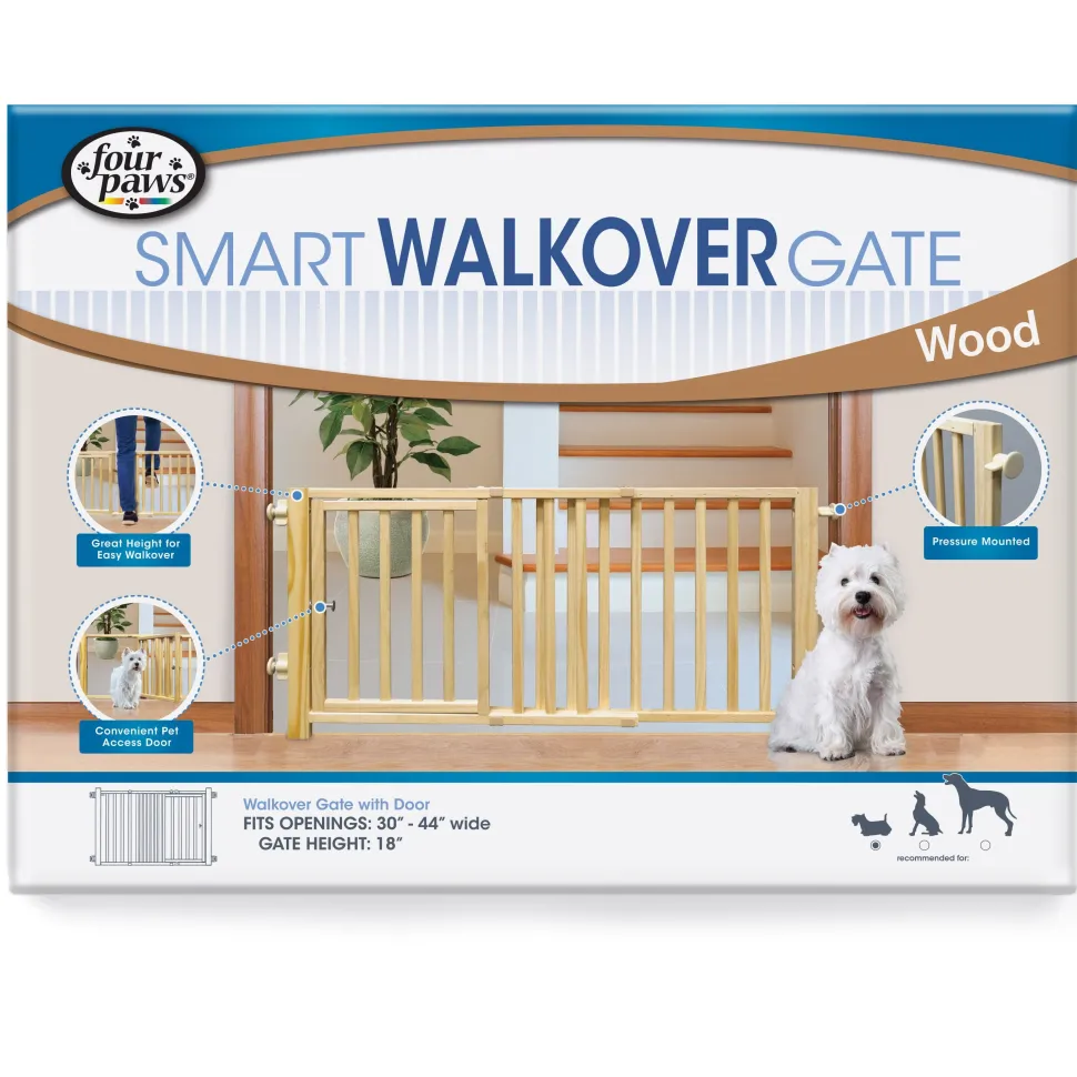 Four Paws Walkover Wood Dog Gate with Door - 30-44 in W X 18 in H