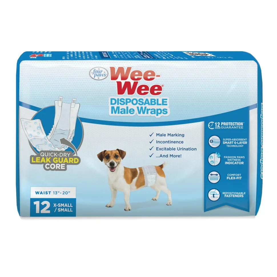 Four Paws Wee-Wee Disposable Male Dog Wraps 12 Count - Extra Small / Small