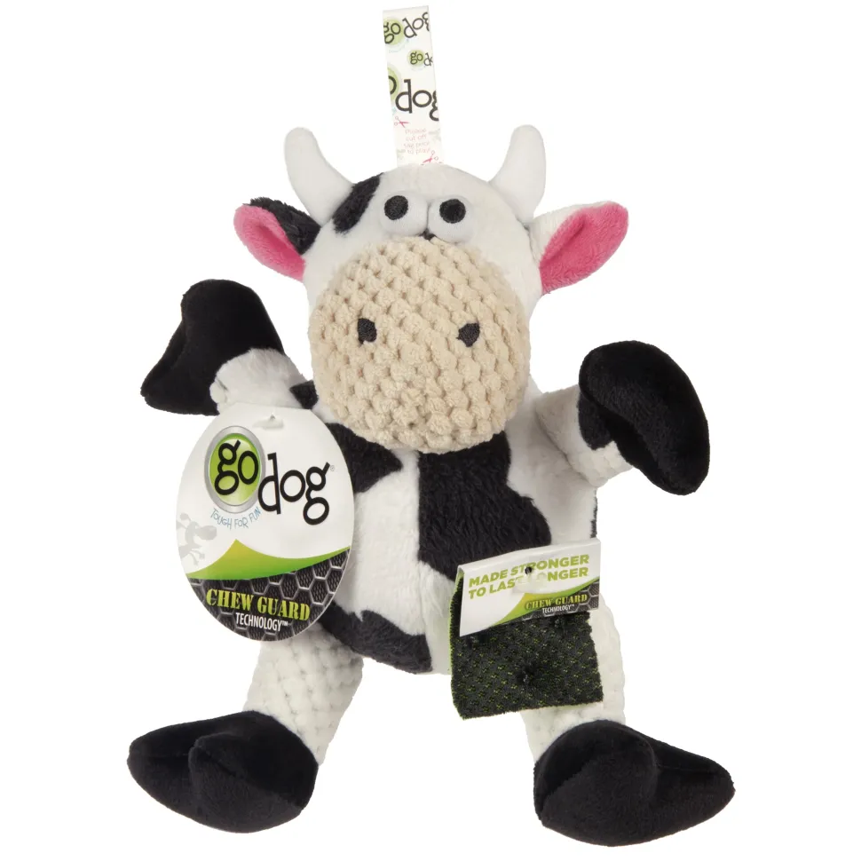 GoDog Checkers Sitting Cow Squeak and Plush Dog Toy with Chew-Guard Tech - Black/White - Small