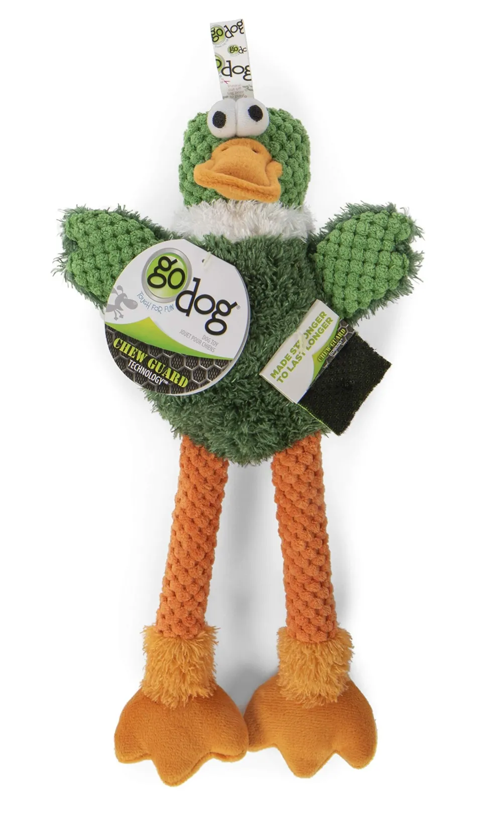 GoDog Checkers Skinny Duck Plush Dog Toy with Chew-Guard Tech - Green - Small