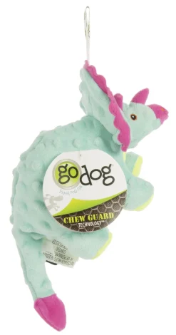GoDog Dino Frillz Triceratops Squeak and Plush Dog Toy with Chew-Guard Tech - Teal - Small