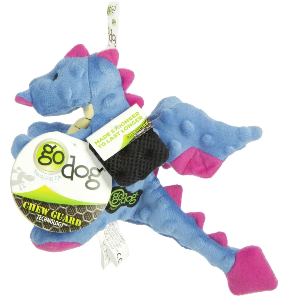 GoDog Dragon Squeak and Plush Dog Toy with Chew-Guard Tech - Blue - Mini