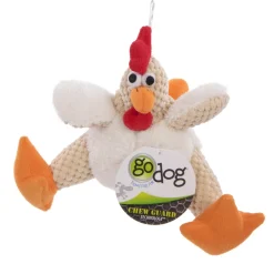 GoDog Fat Rooster Corduroy Squeak and Plush Dog Toy with Chew-Guard Tech - White - Mini