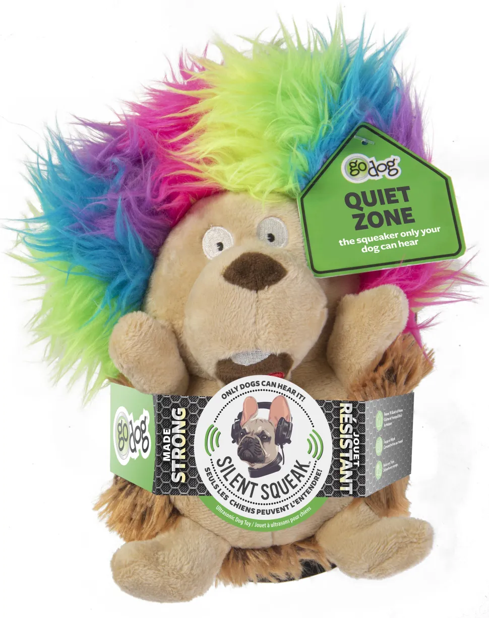 GoDog Silent Squeak Crazy Hairs Hedgehog Plush Dog Toy with Chew-Guard Tech - Large