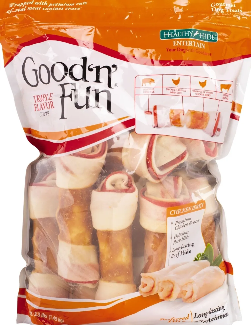 Good 'N' Fun Triple Flavor Chews Natural Dog Chews - Chicken/Pork/Be - 7 In - 12 Pack