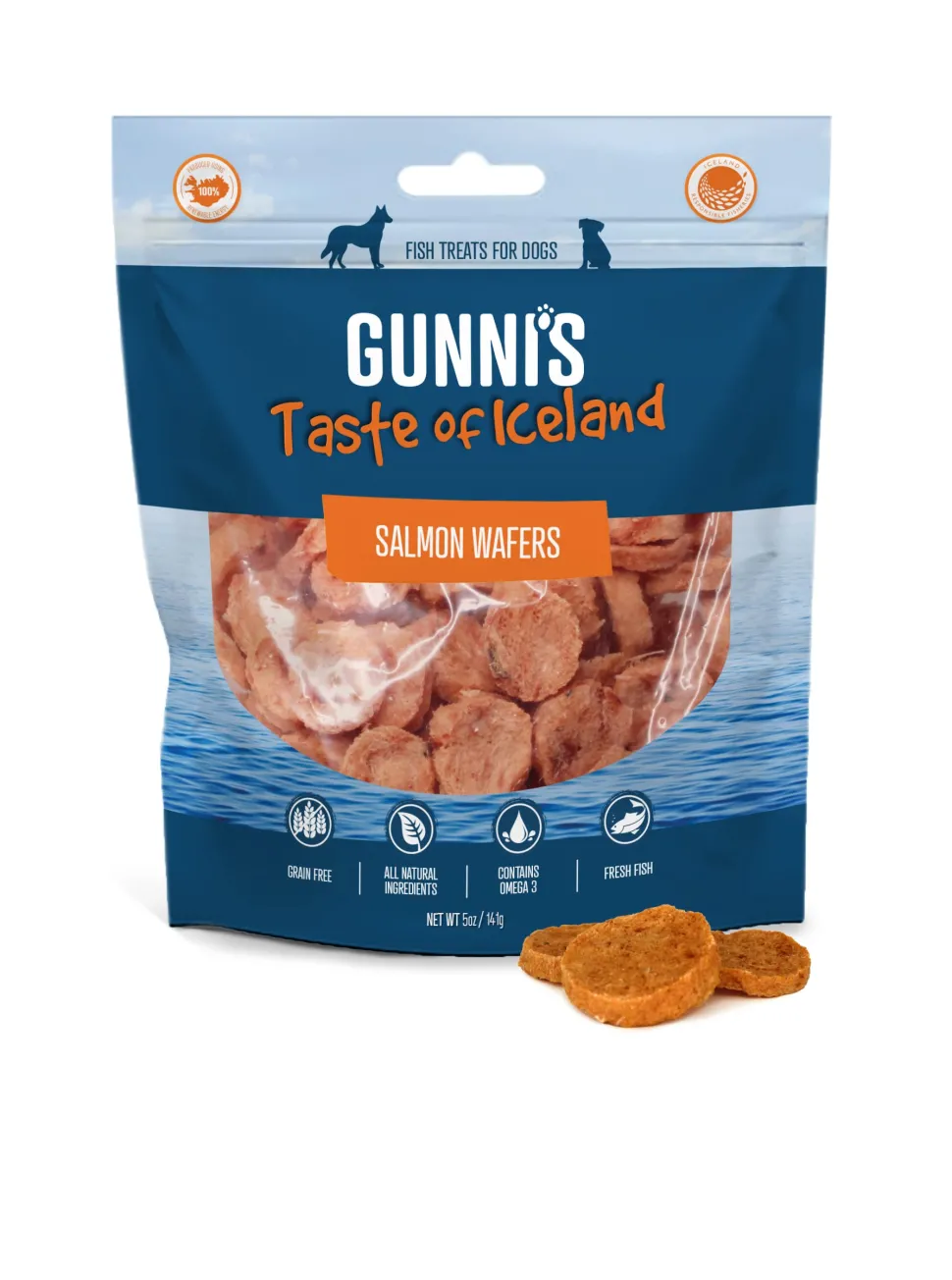 Gunnis Pet Grain-Free Salmon Skin Wafers Natural Crunchy Air-Dried Dog Treats - 5 Oz