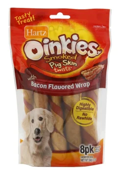 Hartz Mountain Oinkies Rawhide-Free Bacon Wrapped Pork Skin Twists Natural Dog Chews - 8 Pack