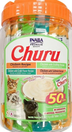 Inaba Churu Chicken and Seafood Recipe Lickable and Squeezable Puree Cat Treat Pouches - Assorted - .5 Oz - Case of 50