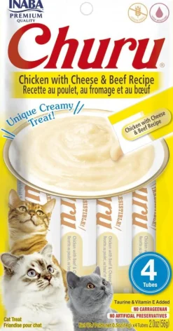 Inaba Churu Chicken Cheese and Beef Recipe Lickable and Squeezable Puree Cat Treat Pouches - 2 Oz (4 Pack) - Case of 6