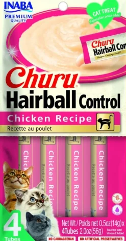 Inaba Churu Chicken Hairball Control Lickable and Squeezable Puree Cat Treat Pouches - 2 Oz (4 Pack) - Case of 6