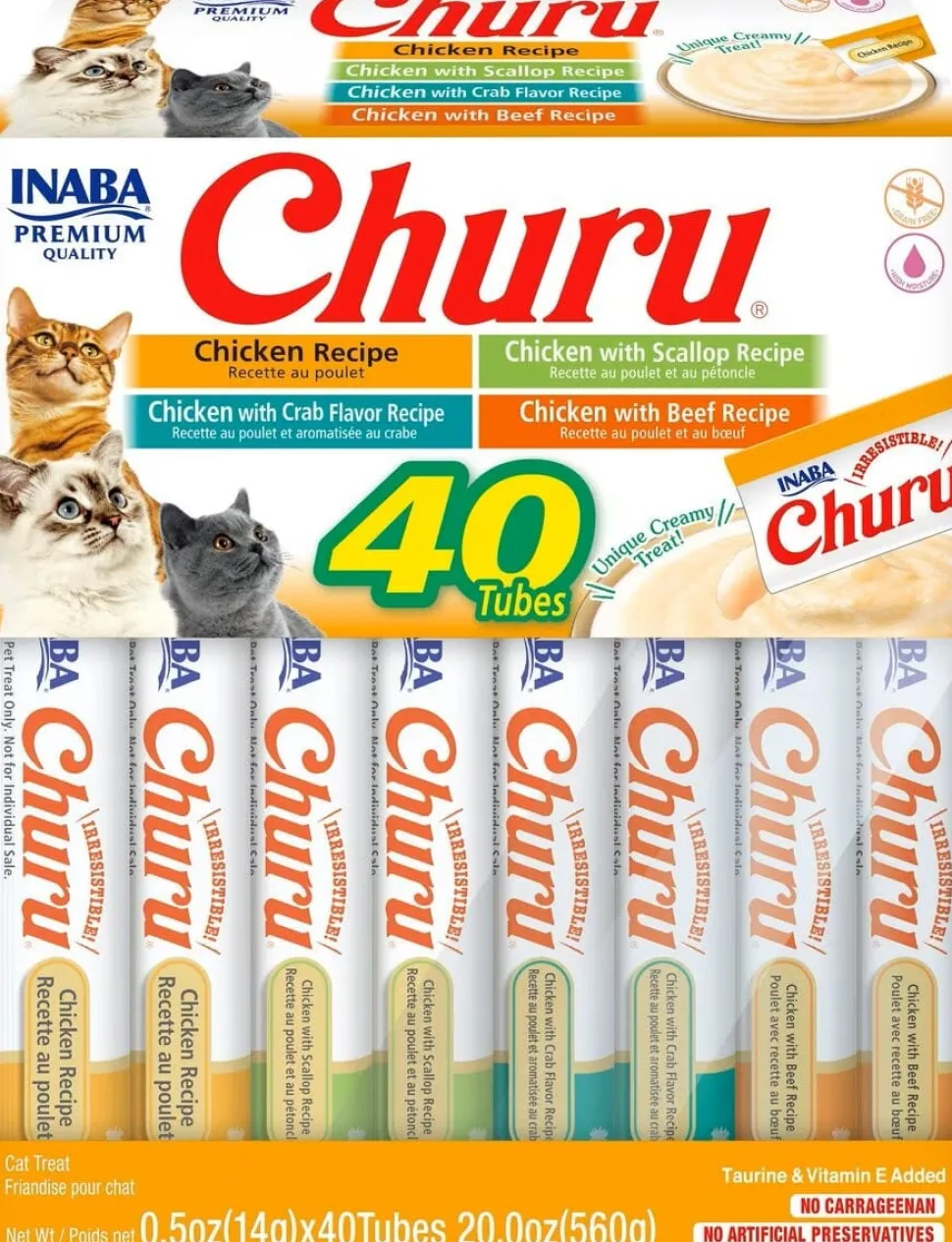 Inaba Churu Chicken Lickable and Squeezabe Puree Cat Treat Pouches - Variety Pack - .5 Oz - Case of 40