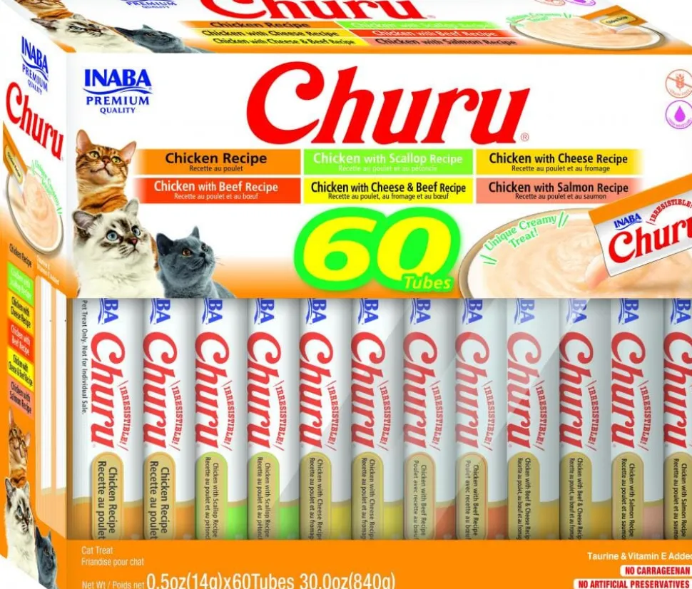 Inaba Churu Chicken Lickable and Squeezable Puree Cat Treat Pouches - Variety Pack - .5 Oz - Case of 60