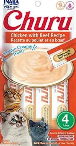 Inaba Churu Puree Cat Treats - Chicken and Beef - .5 Oz - 4 Pack - Case of 6