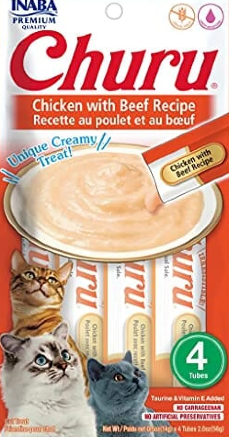 Inaba Churu Puree Cat Treats - Chicken and Beef - .5 Oz - 4 Pack - Case of 6