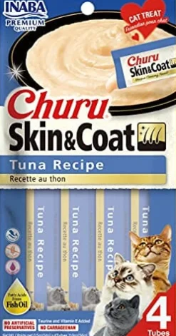 Inaba Churu Puree Skin & Coat Cat Treats - Tuna - .5 Oz - 4 Pack - Case of 6