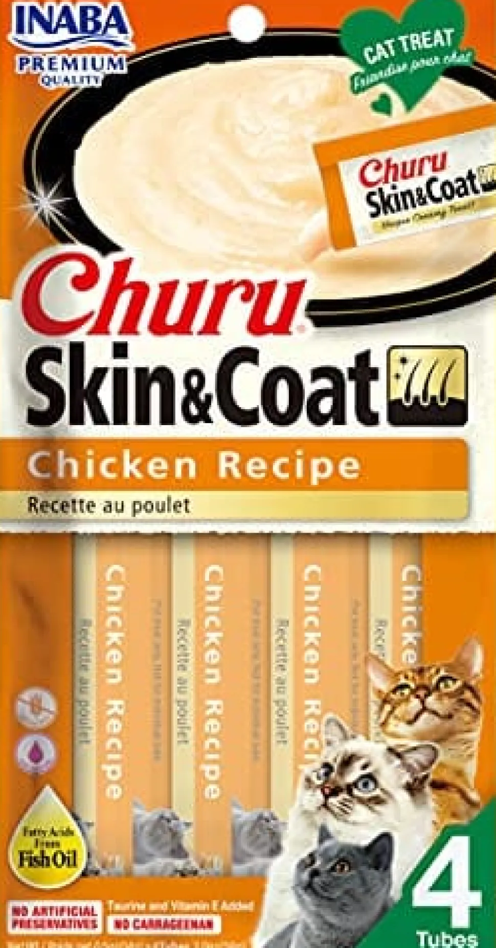 Inaba Churu Puree Skin & Coat Cat Treats - Chicken - .5 Oz - 4 Pack - Case of 6