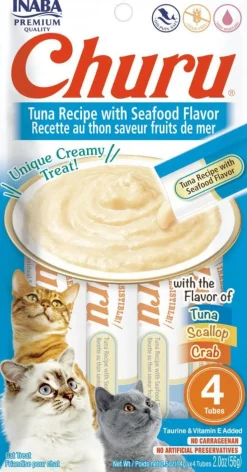 Inaba Churu Tuna and Seafood Lickable and Squeezable Puree Cat Treat Pouches - 2 Oz (4 Pack) - Case of 6