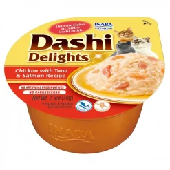 Inaba Dashi Delights Chicken Tuna and Salmon Bits in Broth Cat Food Topping - 2.5 Oz - Case of 6