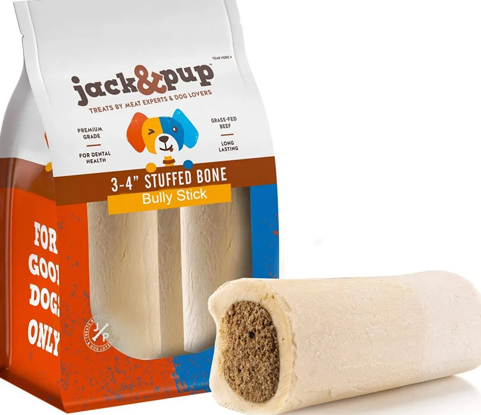 Jack & Pup 3" - 4" White Bone Filled with Bully Stick Dog Natural Chews - 20 pc Bag - Case of 1
