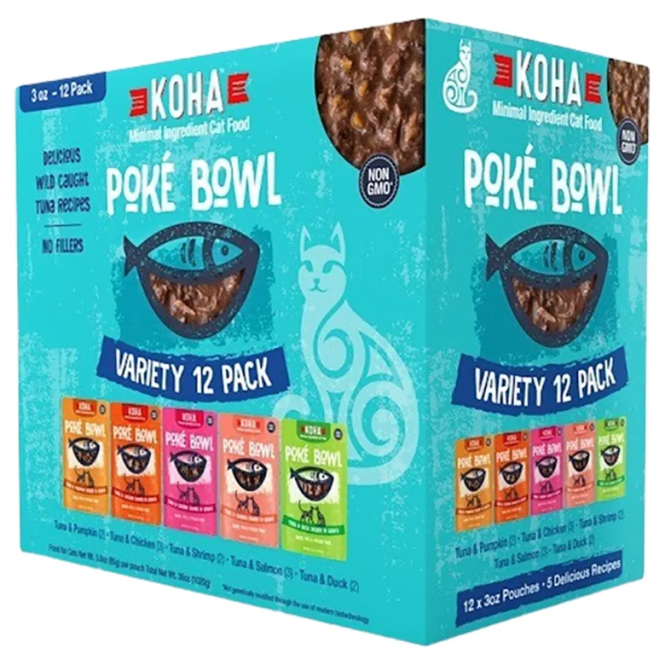 Koha Grain-Free Poke Bowl Tuna Salmon Chicken and Pumpkin Wet Cat Food Pouch - Variety Pack - 3 Oz - Case of 24