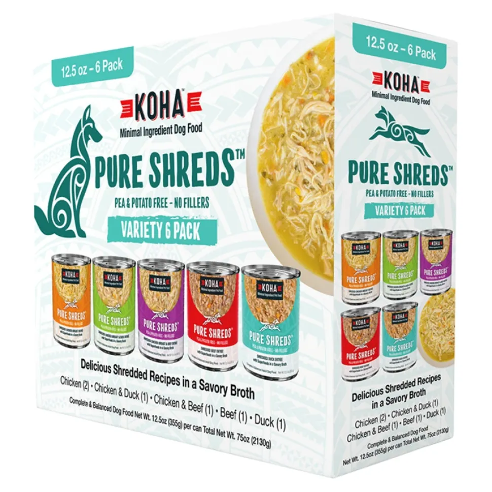 Koha Grain-Free Pure Shreds Shredded Chicken Duck and Beef Canned Dog Food - Cariety Pack - 12.5 Oz - Case of 12