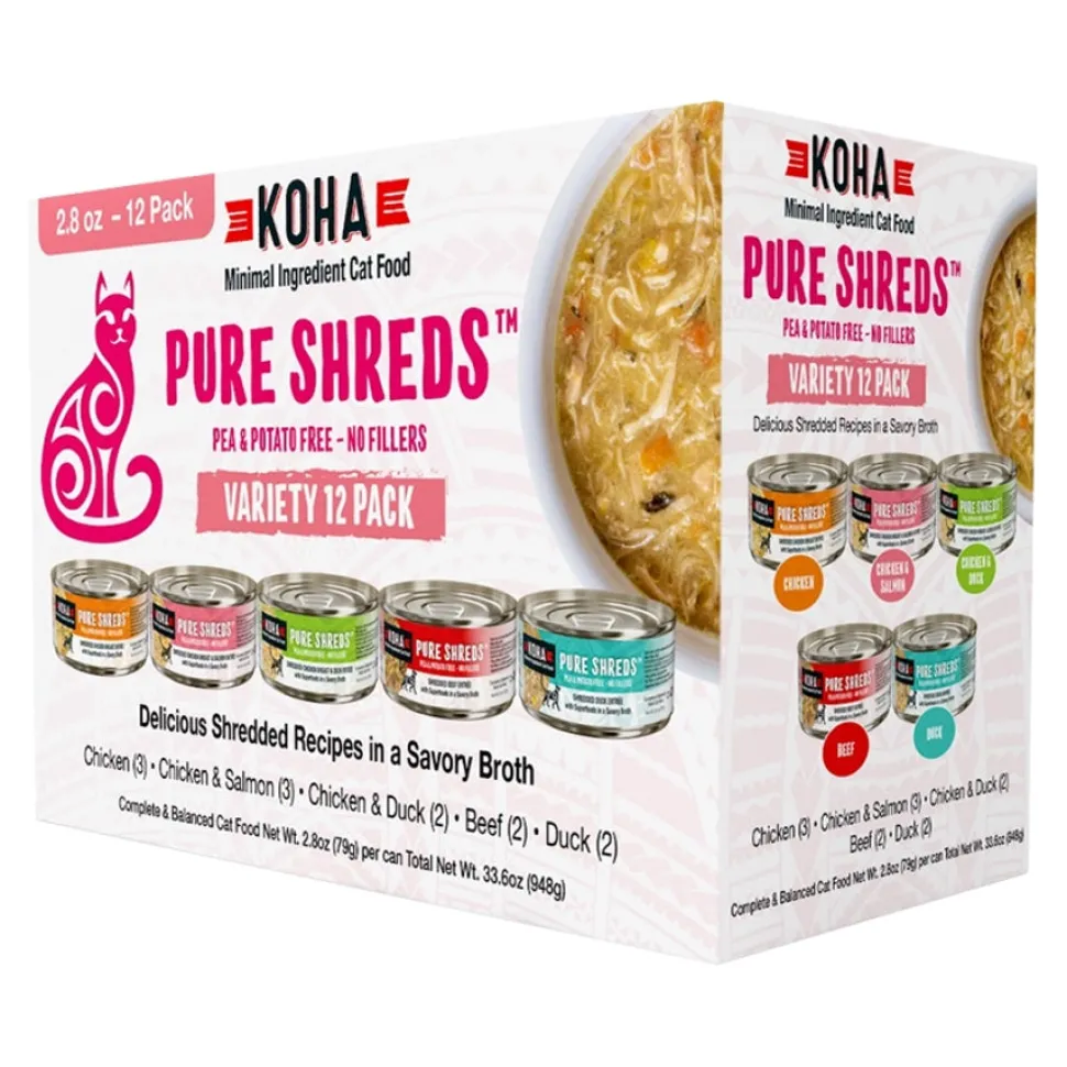Koha Grain-Free Shredded Beef Duck and Chicken Canned Cat Food - Variety Pack - 2.8 Oz - Case of 24