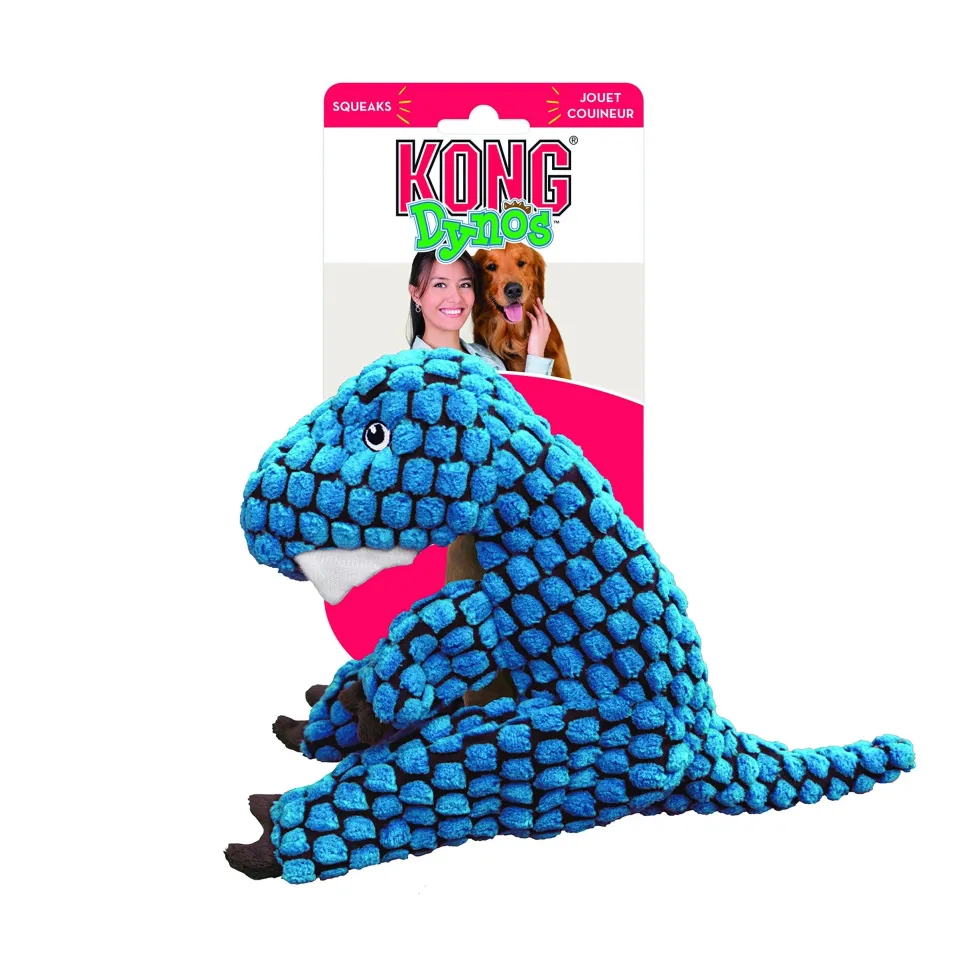 Kong Dynos T-Rex Squeak and Plush Dog Toy - Blue - Large