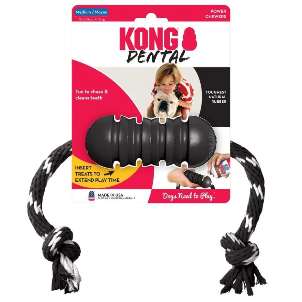 Kong Extreme Dental Textured Rubber Dog Toy with Rope - Medium