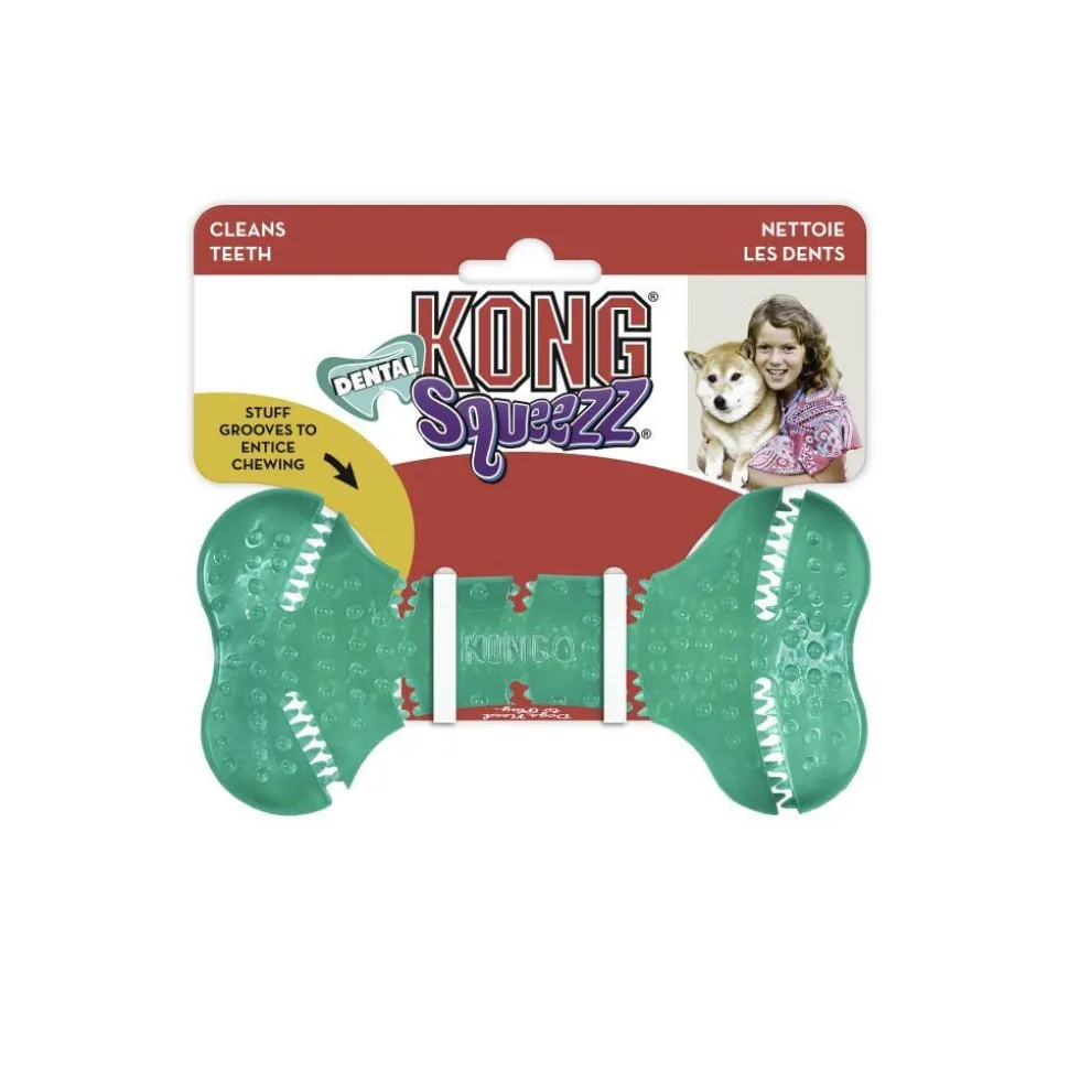 Kong Squeezz Bone Dental Textured Rubber Dog Toy - Teal - Medium