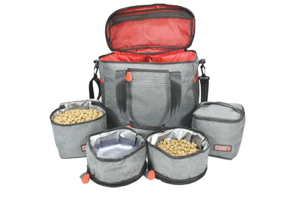 Kong Travel Bag with Travel Pet Food Storage and Pet Bowls - Gray/Red - 5 Piece Set
