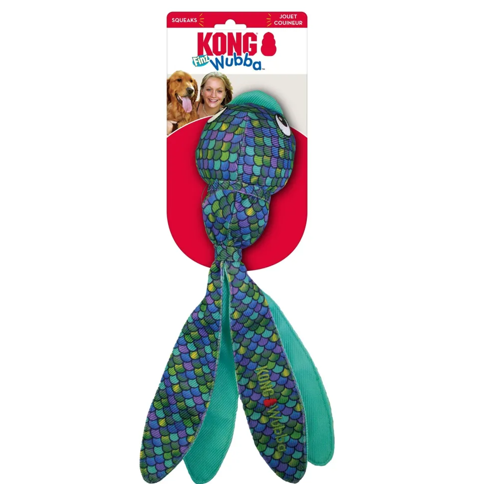 Kong Wubba Finz Inner Tennis Ball Squeak and Fetch Nylon Dog Toy - Blue - Small