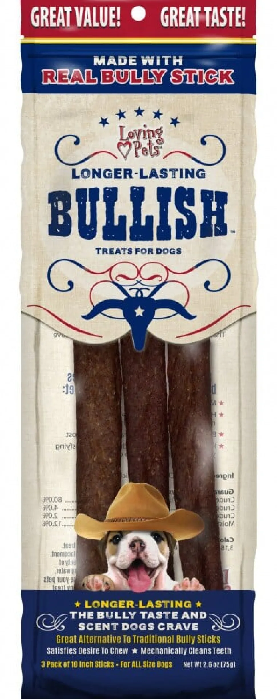 Loving Pets Bullish Stick Treats Dog Bully Sticks and Natural Chews - Roast Beef - 10 In - 3 Pack