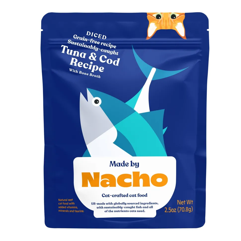 Made by Nacho Grain-Free Tuna and Cod Diced in Bone Broth Wet Cat Food Pouch - 2.5 Oz - Case of 24