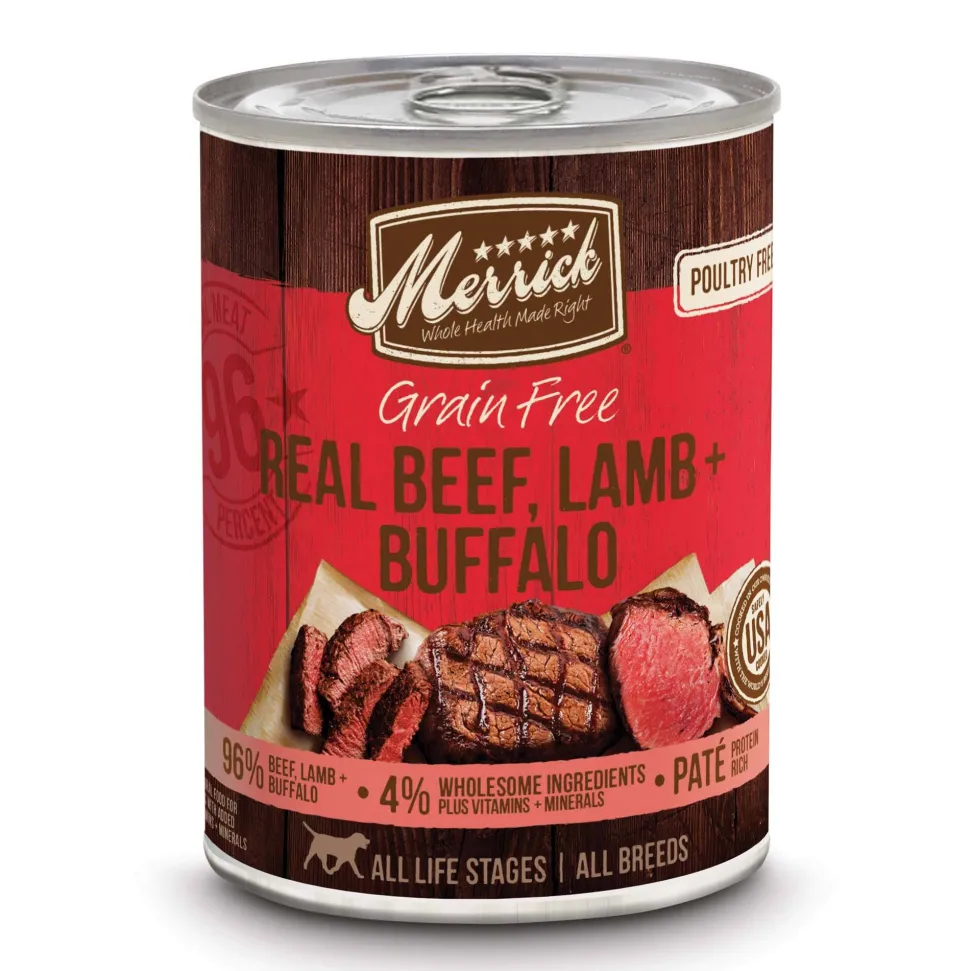 Merrick 96% Grain-Free Chunky Beef Lamb & Buffalo Canned Wet Dog Food - 12.7oz Cans - Case of 12