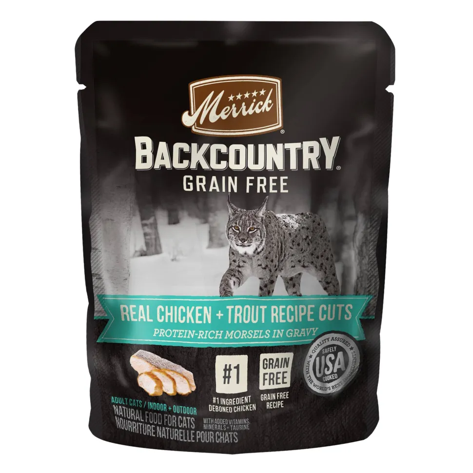 Merrick 'Backcountry' Grain-Free Chicken + Trout Recipe Real Cuts Wet Cat Food - 3 oz Pouches - Case of 24